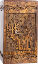 Handcarved Wooden Cremation Urn – Deer Carved Design in Custom Rosewood – Suitable for Adult Men & Women and Pet Dogs – 250 Cu/in Capacity