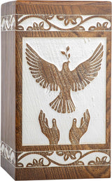 Handcarved Wooden Cremation Urn – Peaceful Bird Design in Daisy White – Suitable for Pet Dogs – 180lbs Capacity