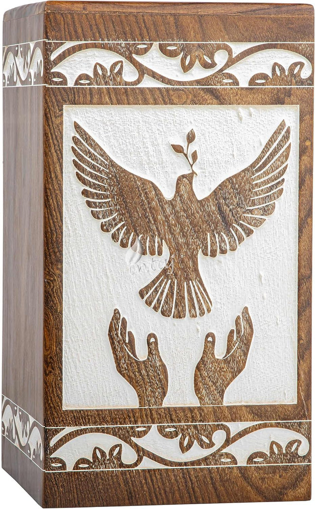 Handcarved Wooden Cremation Urn – Peaceful Bird Design in Daisy White – Suitable for Pet Dogs – 250lbs Capacity