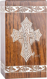 Handcarved Wooden Cremation Urn – Grace and Mercy Cross Design – Suitable for Adult Men & Women, Mom & Dad – 250 Cu/in Capacity