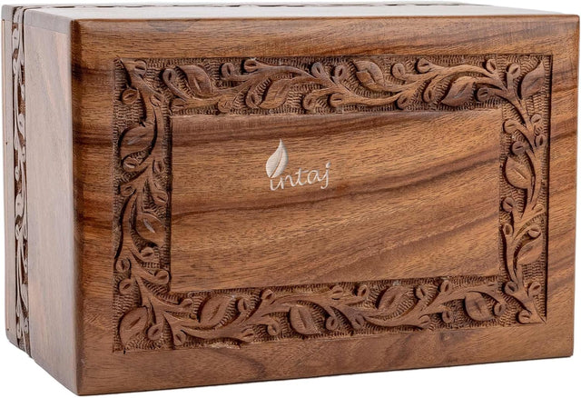 Handcarved Wooden Cremation Urn – Border Carved Design in Rosewood – Suitable for Adult Men & Women, Mom & Dad – 340 Cu/in Capacity