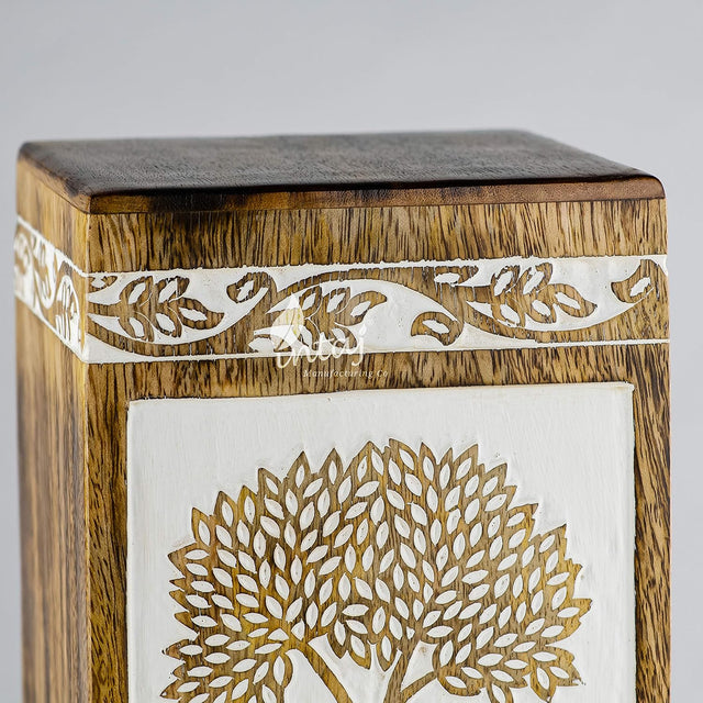 Handcarved Wooden Cremation Urn – Pyramidal Tree of Life Design – Suitable for Adult Men & Women, Mom & Dad, Pets – 115 Cu/in Capacity