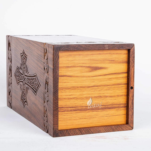 Handcarved Wooden Cremation Urn – Grace and Mercy Latin Cross Design – Suitable for Adult Men & Women, Mom & Dad – 115 Cu/in Capacity