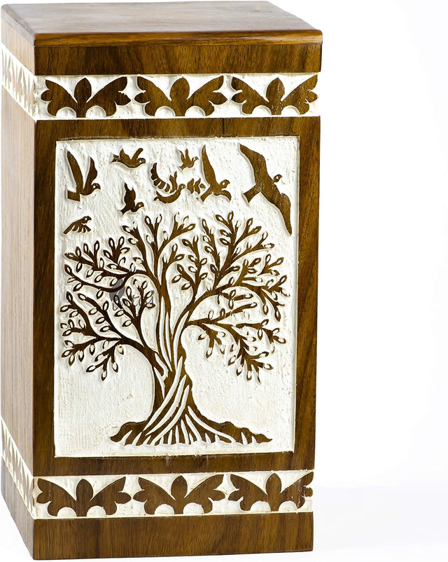 Handcarved Wooden Cremation Urn – Soulful Tree of Life Design – Suitable for Keepsake Ashes or Small Memorial – 100 Cu/in Capacity – Antique Finish (Keepsake, Tree 73 Design)