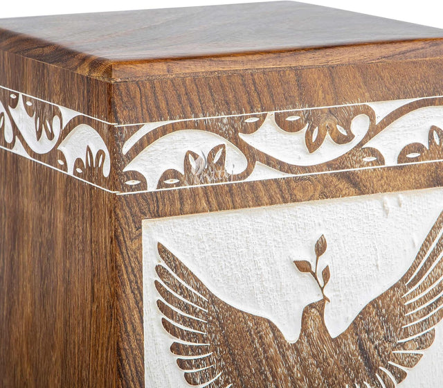 Handcarved Wooden Cremation Urn – Peaceful Bird Design in Daisy White – Suitable for Adult Men & Women, Mom & Dad, Pet Dogs – 115lbs Capacity