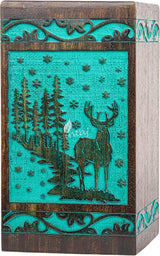 Handcarved Wooden Cremation Urn – Deer Carved Design in Custom Teal Green – Suitable for Adult Men & Women, Mom & Dad, and Pet Dogs – 115 Cu/in Capacity