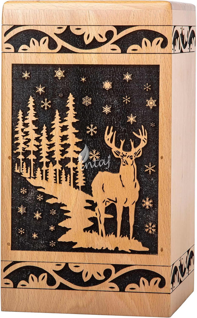 Handcarved Wooden Cremation Urn – Deer Carved Design in Custom Beechwood – Suitable for Adult Men & Women, Mom & Dad, and Pet Dogs – 115 Cu/in Capacity