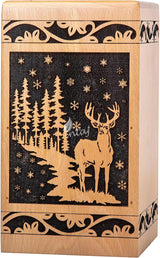 Handcarved Wooden Cremation Urn – Deer Carved Design in Custom Beechwood – Suitable for Adult Men & Women, Mom & Dad, and Pet Dogs – 180 Cu/in Capacity