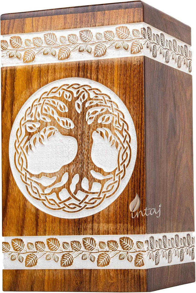 Handcarved Wooden Cremation Urn – Tree of Life Design – Suitable for Adult Men & Women, Pet Dogs – 250 Cu/in Capacity