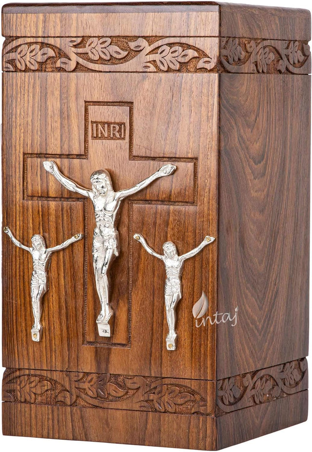 Handcarved Wooden Cremation Urn – Cross & Jesus Design – Suitable for Adult Men & Women, Mom & Dad, Pets & Cats – 115 Cu/in Capacity