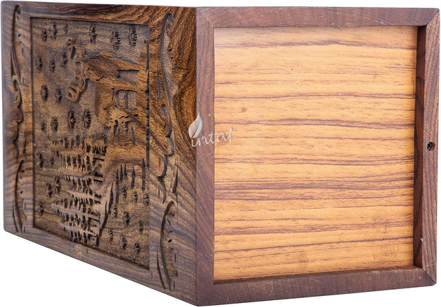 Handcarved Wooden Cremation Urn – Deer Carved Design in Custom Rosewood – Suitable for Adult Men & Women and Pet Dogs – 115 Cu/in Capacity