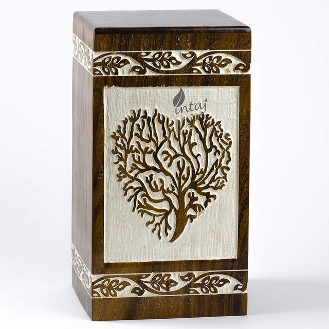 Handcarved Wooden Cremation Urn – Antique Heart Tree Design – Suitable for Adult Men & Women, Mom & Dad, Pets – 100 Cu/in Capacity