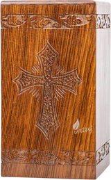Handcarved Wooden Cremation Urn – Grace and Mercy Latin Cross Design – Suitable for Adult Men & Women, Mom & Dad – 115 Cu/in Capacity