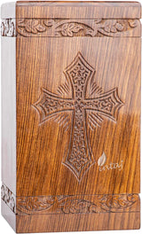Handcarved Wooden Cremation Urn – Grace and Mercy Latin Cross Design – Suitable for Adult Men & Women, Mom & Dad – 115 Cu/in Capacity