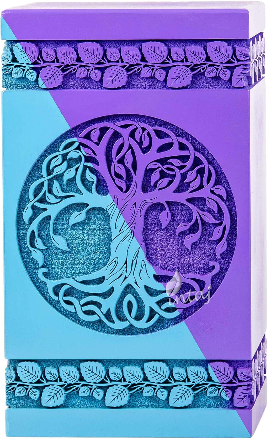 Handcarved Wooden Cremation Urn – Celtic Knot Tree of Life – Suitable for Adult Men & Women, Mom & Dad – 640 Cu/in Capacity – SkyBlue Purple Finish (XL, 14x7.5")