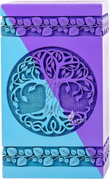 Handcarved Wooden Cremation Urn – Celtic Knot Tree of Life – Suitable for Adult Men & Women, Mom & Dad – 250 Cu/in Capacity – SkyBlue Purple Finish (Large, 11.25x6.25")
