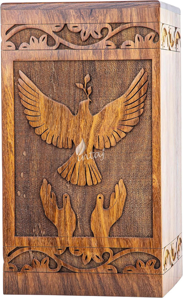 Handcarved Wooden Cremation Urn – Peaceful Bird Design in Natural Rosewood – Suitable for Adult Men & Women, Mom & Dad, Pet Dogs – 180lbs Capacity