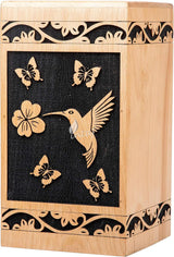 Handcarved Wooden Cremation Urn – Hummingbird Design in Beechwood – Suitable for Adult Men & Women – 180 Cu/in Capacity