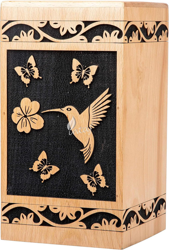 Handcarved Wooden Cremation Urn – Hummingbird Design in Beechwood – Suitable for Adult Men & Women – 180 Cu/in Capacity