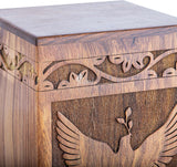 Handcarved Wooden Cremation Urn – Peaceful Bird Design in Natural Rosewood – Suitable for Small Pets & Keepsake Ashes – 20lbs Capacity