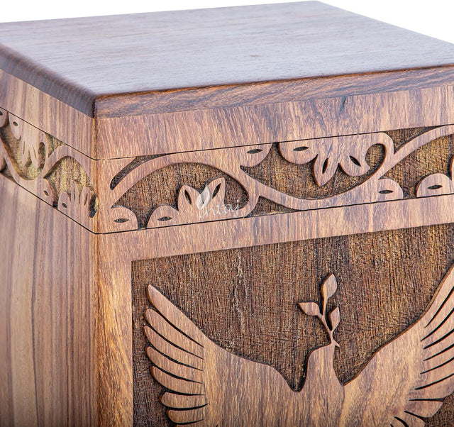 Handcarved Wooden Cremation Urn – Peaceful Bird Design in Natural Rosewood – Suitable for Adult Men & Women, Mom & Dad, Pet Dogs – 180lbs Capacity