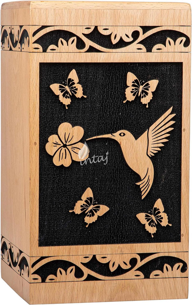 Handcarved Wooden Cremation Urn – Hummingbird Design in Beechwood – Suitable for Adult Men & Women – 180 Cu/in Capacity