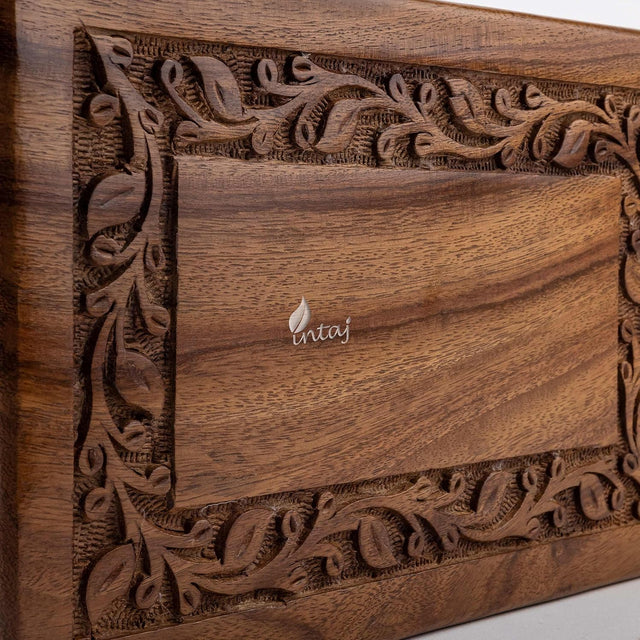 Handcarved Wooden Cremation Urn – Custom Border Carved Design in Rosewood – Suitable for Adult Men & Women, Mom & Dad – 35 Cu/in Capacity