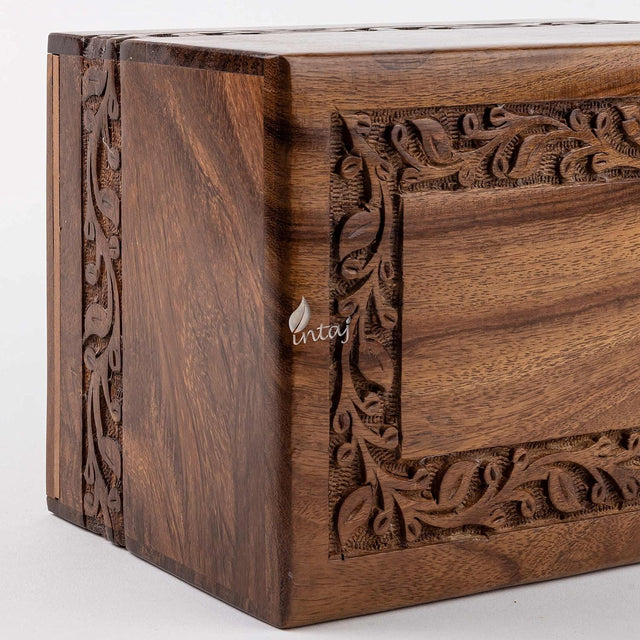 Handcarved Wooden Cremation Urn – Custom Border Carved Design in Rosewood – Suitable for Adult Men & Women, Mom & Dad – 35 Cu/in Capacity