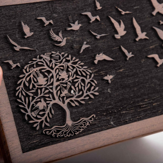 Handcarved Wooden Cremation Urn – Customised Tree of Life Birds Design – Suitable for Adult Men & Women, Mom & Dad – 340 Cu/in Capacity