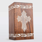 Handcarved Wooden Cremation Urn – Grace and Mercy Cross Design – Suitable for Adult Men & Women, Mom & Dad – 250 Cu/in Capacity