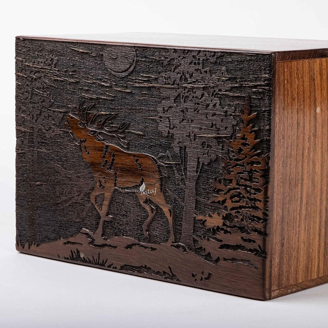 Handmade Wooden Cremation Urn – Deer Engraved – Suitable for Human Ashes – M (7.5x5x3.75, 110 Cu/in)