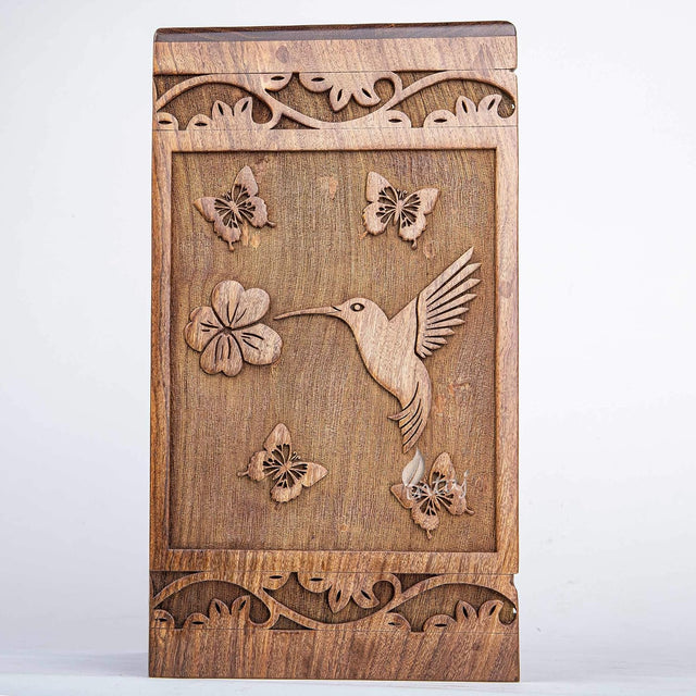 Handcarved Wooden Cremation Urn – White Butterfly Birds with Hummingbird Design – Suitable for Adult Men & Women – 180lbs Capacity