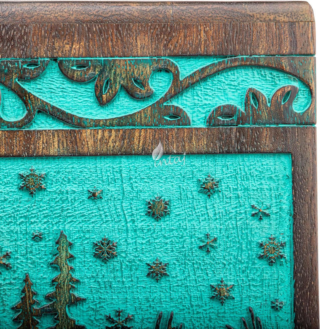 Handcarved Wooden Cremation Urn – Deer Carved Design in Custom Teal Green – Suitable for Adult Men & Women, Mom & Dad, and Pet Dogs – 115 Cu/in Capacity