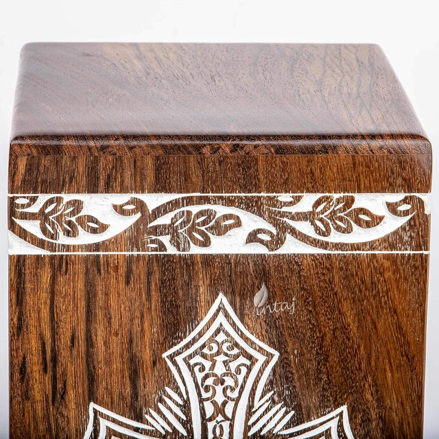 Handcarved Wooden Cremation Urn – Grace and Mercy Cross Design – Suitable for Adult Men & Women, Mom & Dad – 250 Cu/in Capacity
