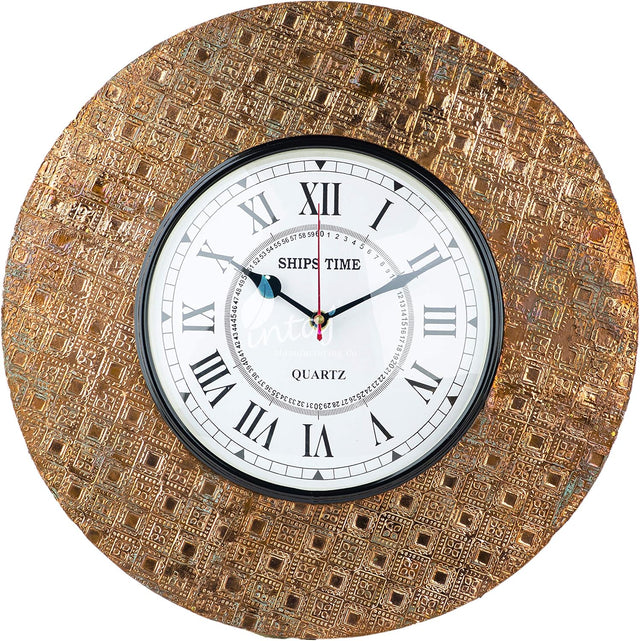 Silent Round Wall Clock, 14 Inch Rustic Gold Decorative Clock