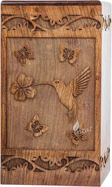Handcarved Wooden Cremation Urn – White Butterfly Birds with Hummingbird Design – Suitable for Adult Men & Women – 180lbs Capacity