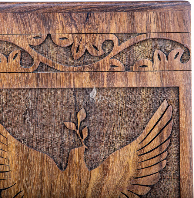 Handcarved Wooden Cremation Urn – Peaceful Bird Design in Natural Rosewood – Suitable for Small Pets & Keepsake Ashes – 20lbs Capacity